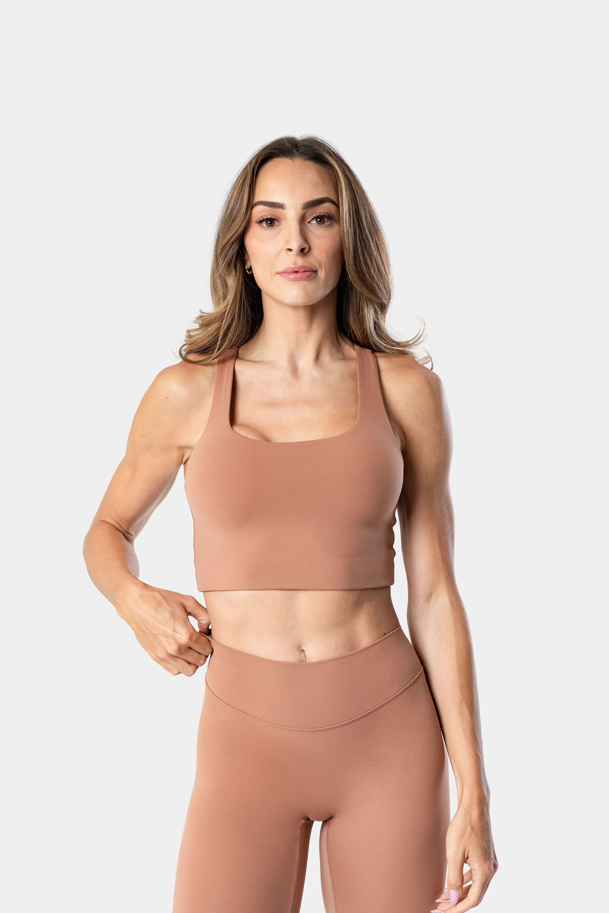 FitパッドマシュマロスクエアBRAタンク ブラウン M Gymshark Adapt Fleck x Whitney Halterneck Sports Bra - Soft Brown