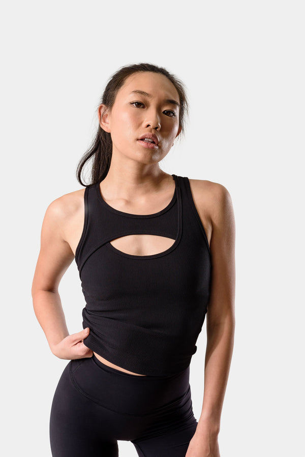 Aria Crossover Rib Waist Length Tank Top - Black